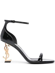 black calf leather patent finish square open toe single toe strap branded footbed buckle-fastening ankle strap signature Cassandre logo plaque high sculpted heel Salto Saint Laurent, Talon Yves Saint Laurent, Ysl High Heels, Book Closet, Gucci High Heels, Heels Louis Vuitton, Saint Laurent Heels, Saint Laurent Sandals, Louis Vuitton Shoes Heels