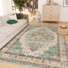 a living room filled with furniture and a large rug