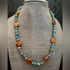 Makes A Memorable Impression With This One Of A Kind Jewelry. Colorful, Chic, Elegant, High Quality Stylish, Modern Jewelry . Handmade 18” Necklace With Semi Precious Gemstones Blue Synthetic Malachite , Beautiful Brown Jasper, Silver Spacers And Lobster Clasp. Earthy Blue Round Bead Jewelry, Earthy Handmade Blue Necklace, Brown Jasper, Diy Necklaces, Jewelry Colorful, Jasper Necklace, Bead Stringing, Precious Gemstones, Diy Necklace