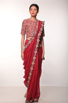 Shop for Soumodeep Dutta Silk Woven Stripe Saree With Embroidered Blouse for Women Online at Aza Fashions Traditional Red Pre-draped Saree For Festive Occasions, Red Pre-draped Saree With Resham Embroidery For Diwali, Traditional Red Pre-draped Saree With Resham Embroidery, Red Pre-draped Saree With Unstitched Blouse For Navratri, Red Festive Blouse For Reception, Festive Red Blouse For Reception, Red Cotton Silk Pre-draped Saree With Unstitched Blouse, Red Pre-draped Saree With Resham Embroidery For Festivals, Embroidered Red Cotton Silk Blouse Piece