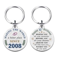 two personalized key chains with the words, happy birthday to you and an image of a