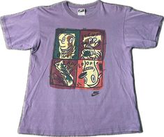 90s Purple Top With Graphic Print, Cheap 90s Style Sports T-shirt, Purple Graphic T-shirt For Streetwear, Purple Relaxed Fit T-shirt For Streetwear, Gary Baseman, Vintage Purple Cotton T-shirt, Casual Sportswear, 1990s Fashion, Nike Acg