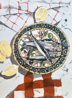 a painting of a plate with fish on it