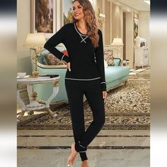 Agfan Women’s Pajamas Set Long Sleeve Pjs Sets With Jogger Pants 2 Piece Outfits Two Piece Sleepwear Loungewear In Black Size Large, Brand New With Tags. Black Long Sleeve Sleepwear For Relaxation, Casual Black Sets For Relaxation, Comfortable Black Sleepwear For Pajama Party, Comfortable Black Sleepwear For Loungewear, Black Stretch Sleepwear For Relaxation, Stretch Black Sleepwear For Relaxation, Black Long Pants Sleepwear, Black Long Sleeve Sleepwear For Lounging, Black Loungewear Set With Long Pants