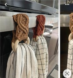 two pictures of the same oven door knobs, one in brown and white with braided ends