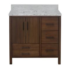 an image of a bathroom vanity with marble top and wooden cabinetry on white background