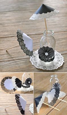 several pictures of an umbrella in a glass vase with doily and lace on it