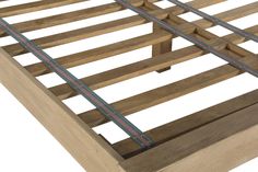 a bed frame with wooden slats and metal straps on the bottom part, viewed from above