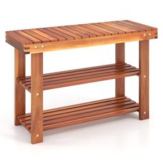 a wooden bench with two shelves underneath it