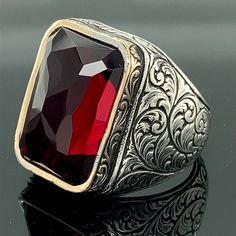 Luxury Polished Finish Men's Ruby Ring, Luxury Elegant Men's Ruby Ring, Formal Red Engraved Ring With Polished Finish, Red Engraved Signet Ring For Formal Occasion, Formal Red Engraved Signet Ring, Luxury Silver Garnet Ring, Red Engraved Ring For Formal Occasions, Red Engraved Ring For Formal, Luxury Engraved Ruby Ring As Gift