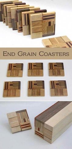 several different types of wooden coasters with the words end grain coasters on them