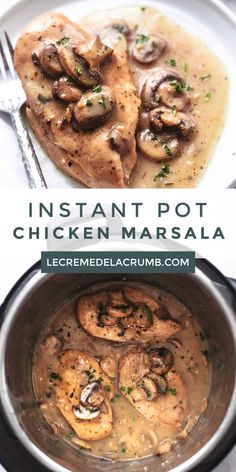 instant pot chicken marsala with mushrooms and gravy in a slow cooker