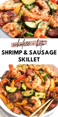 shrimp and sausage skillet with chopsticks in the foreground, and an image of