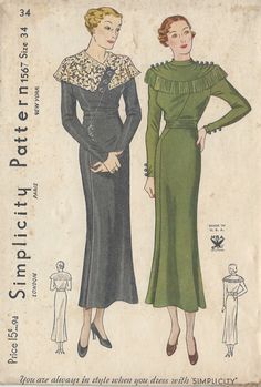 ~ Circa/Date: 1930s ~ Details: Two style variation DRESS ~ Size/Measurements (Inches): ~ Size: 34 ~ Bust: 34″ ~ Waist: Not given ~ Hip: 37″ (inches) ~ Please Note: ~ You are buying a 'Professional Reproduced' copy of this sewing pattern. Copied from the original sewing pattern. Produced in Full Scale Pattern Pieces ready to cut with full instructions included. Reproduced on high quality 50 gm paper with black ink, durable and easier for reuse. Printed by a Professional Printing Company.   ~ With this product comes an accompanying 'Booklet' and inside the Booklet it includes: ~ A 2-page Instructions and Illustrations on 'How to Adjust Your pattern to your Personal Measurement.' ~ Personal Measurement Chart ~ Body Form Illustrations ~ Fitting Checklist ~ Metric Equivalency Chart ~ Note Pages 1930's Dresses, 1930 Fashion, 1930's Fashion, Patron Vintage, 1930s Dress, 30s Fashion, Vintage Dress Patterns, Motif Vintage, 1930s Fashion