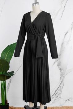 Casual Solid Frenulum Pleated V Neck Long Sleeve Dresses V-neck Long Sleeve Dress For Fall, Spring Pleated Long Sleeve Dress, Black V-neck Long Sleeve Dress For Spring, Fall Long Sleeve Belted Dress, Casual Long Sleeve V-neck Dress For Work, V-neck Long Sleeve Dress For Spring Workwear, Black Long Sleeve V-neck Dress For Spring, Chic Long Sleeve Pleated Evening Dress, Spring V-neck Long Sleeve Dress For Work