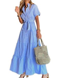 PRICES MAY VARY. Material: Womens maxi dress is made of durable 100% polyester, soft and comfortable, wash machine and hand wash safe. Women's striped shirt dress features that lapel, button down, short sleeve, pockets, striped, baggy fit, midi dress. Occasion: Women's striped midi dress is suitable for casual,beach, party, club, outdoor, work, office, school, travel,vocation or daily wear. Women's summer striped dress is matching with high heels, sneakers, board shoes, sandals and other shoes y Robes Glamour, Loose Midi Dress, Estilo Fitness, Backless Evening Dress, A Line Maxi Dress, Marine Uniform, Stripped Dress, Short Sleeve Maxi Dresses, Maxi Robes