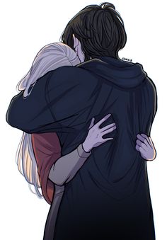 two people hugging each other with their arms around one another and the back of them