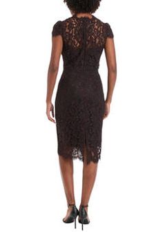 Eliza J Women's Short Sleeve V-Neck Scallop Lace Sheath Dress | belk Black Sheath Dress With Lace Trim, Chic V-neck Midi Dress With Scalloped Lace, Brown V-neck Dress With Lace Trim, Black Lace Trim Sheath Dress, Black V-neck Scalloped Lace Dress, Lace Pencil Dress, Eliza J, Lace Sheath Dress, Scalloped Lace