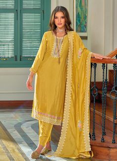 Yellow Designer Embroidery Silk Salwar Suit Orange Dress Pakistani, Celana Fashion, Dress Pakistani, Salwar Dress, Dress Salwar Kameez, Silk Bottoms, Lehenga Collection, Designer Salwar Suits, Party Wear Indian Dresses