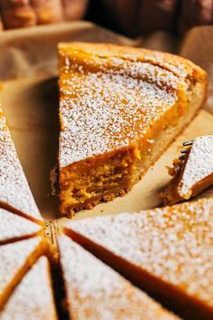 there is a cake that has been cut into slices