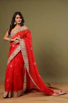 Buy stunning red hand embroidered organza sari online in USA. Make a fashion statement at weddings with stunning designer sarees, embroidered sarees with blouse, wedding sarees, handloom sarees from Pure Elegance Indian fashion store in USA.-full view Organza Sari, Wedding Sarees, Fashion Journals, Embroidered Organza, Designer Outfits, Traditional Fabric, Organza Saree, Indian Designer Outfits, Designer Sarees