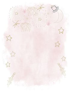 a pink background with fireworks and stars in the sky above it is an empty space for text