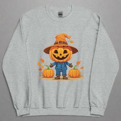 Embrace the spooky season with our Jolly Scarecrow & Pumpkins Halloween Sweatshirt. This cozy women's sweatshirt features a charming scarecrow and pumpkins design, perfect for festive fall fun. Made from soft, durable fabric, it's ideal for staying warm and stylish at Halloween parties or casual outings.• 50% cotton, 50% polyester• Pre-shrunk• Classic fit• 1x1 athletic rib knit collar with spandex• Air-jet spun yarn with a soft feel• Double-needle stitched collar, shoulders, armholes, cuffs, and Spooky Crew Neck Sweatshirt For Fall, Spooky Fall Sweatshirt For Streetwear, Spooky Cotton Sweatshirt For Fall, Spooky Style Fall Sweatshirt For Streetwear, Spooky Long Sleeve Sweatshirt For Fall, Womens Athletic Outfits, Halloween Parties, Swim Shop, Pumpkin Design