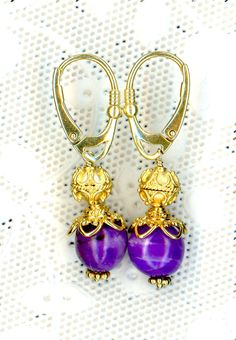 "1.5\" Long  Off Round AAA Sugilite  Fancy Bali Vermeil  Beads and Bead Caps  Euorpean Vermeil Lever Back Ear Wires" Bead Caps, Ear Wires, Jewelry Earrings Dangle, Bali, Dangle Drop Earrings, Violet, Dangle Earrings, Etsy Accessories, Jewelry Earrings