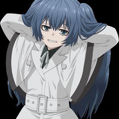 an anime character with blue hair wearing a trench coat and tie, standing in front of a black background