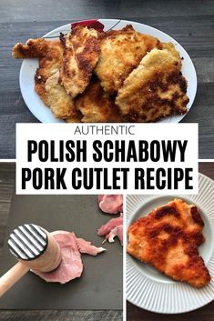 polish schabowwy pork cutlet recipe on a white plate with the words authentic