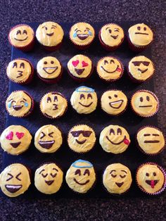 there are many cupcakes with different faces on them