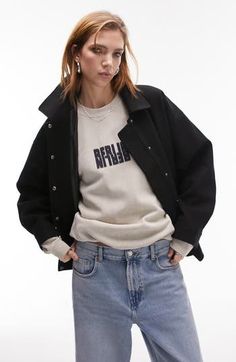 This brushed bomber is designed in an oversized silhouette with high-shine buttons and dropped shoulders. 26" length (size XS) Front button closure Spread collar Long sleeves 100% polyester Machine wash, line dry Imported Wardrobe Update, Cold Weather Outfits, Oversized Silhouette, High Collar, Cold Weather, Top Brands, Bomber Jacket, Topshop, Coats Jackets