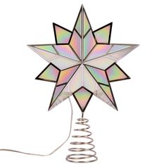 a multicolored star shaped lamp with spirals on the bottom and an electric cord attached to it