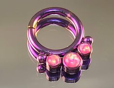 "14g (1.6mm) Titanium 3-Opal Clicker with Hinge for Septum  5/16\" (8mm) Diameter  Titanium Hinge Clicker For Easy Opening & Closing. Anodized Iridescent Blurple Finish in Photo.  Can fade over time with wear.  Bright Candy Pink Opals. Choose Anodized Finish Color. Opals are 4mm/3mm/3mm Great for Septum/Daith" Hoop Septum, Hinged Ring, Circular Barbell, Septum Jewelry, Iridescent Green, Nose Jewelry, Septum Piercing, Nose Rings, Nose Ring Stud