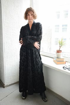 Vintage Black Textured Maxi Kaftan/night Gown - Etsy Canada Black Maxi Dress For Night, Black V-neck Maxi Dress For Night, Black Long Maxi Dress For Loungewear, Black Maxi Dress For Loungewear, Black Oversized Long Abaya, Oversized Black Long Abaya, Black V-neck Kaftan For Loungewear, Elegant Oversized Maxi Dress For Evening, Elegant Oversized Evening Maxi Dress