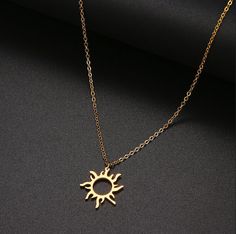 "__ ~ T O T U M ~ S U N ~ N E C K L A C E  ~ __ ~ This listing is one silver or gold plated Totum Sun necklace.  ~ Dainty jewellery silver or gold plated celestial sun necklace.   ~ Two sizes, none adjusatble size, 45cm/50cm / 17.7 - 19.6\" approx  Inch. ~ Celestial necklace can move, it is not fixed in place.    ~  W H A T ~  Y O U ~  W I L L ~  R E C I E V E  ~  ~  1 x Chosen Totum Sun Necklace  ~  Free Shipping With Every Order ~  Free Money Back Guarantee For 30 days ~ Replacement Warranty F Engagement Necklaces, Woman Birthday Party, Celestial Necklace, Chic Necklace, Gold Sun, Pendent Necklace, Stainless Steel Plate, Birthday Woman, Stainless Steel Pendant