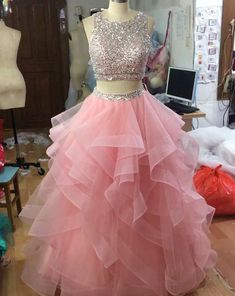 Blush Pink Prom Dresses, Prom Dress Two Piece, Affordable Evening Dresses, 2 Piece Prom Dress, Ruffle Prom Dress, Formal Dresses For Teens, Fancy Gowns, Pink Party Dresses, Prom Dresses Two Piece