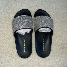 Super Sparkly Diamante Rhinestone Diamond Black Slides Brand New In Box Gorgeous And Comfy But I Already Own A Pair Casual Slip On Shoes, Slides Slippers, Comfy Slippers, Black Slides, Madden Girl Shoes, Slippers For Girls, Mary Jane Pumps, Black Puffer, Womens Slides