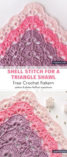 the shell stitch for a triangle shawl is shown in pink, purple and white