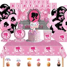 a pink and black birthday party with balloons, cake, cupcakes and decorations