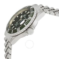 Stainless steel case with a stainless steel bracelet. Uni-directional rotating stainless steel bezel with an inlaid green ring. Green dial with luminous silver-tone hands and dot hour markers. Minute markers around the outer rim. Dial Type: Analog. Luminescent hands and markers. Date display at the 3 oclock position. Automatic movement. Scratch resistant sapphire crystal. Screw down crown. Solid case back. Round case shape. Case size: 42 mm. Case thickness: 12.65 mm. Band width: 22 mm. Band leng Green Stainless Steel Watch Accessories With Round Dial, Green Chronograph Stainless Steel Watch, Green Stainless Steel Chronograph Watch, Green Stainless Steel Watch Accessories, Green Stainless Steel Chronograph Watch Accessories, Modern Green Stainless Steel Watch Accessories, Green Ring, Green Rings, Personal Shopping