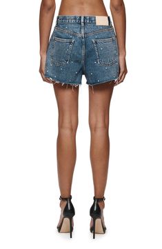 Glittering rhinestones lend a cool retro-inspired vibe to these laid-back cutoff shorts made from nonstretch denim with frayed hems. 3 1/2" inseam; 27" leg opening; 11" front rise; 14" back rise (size 29) Zip fly with button closure Five-pocket style 100% cotton Machine wash, dry flat Imported Asian Owned/Founded Cutoff Shorts, Denim Cutoff Shorts, Cut Off Shorts, Retro Inspired, Cut Off, Denim Shorts, Nordstrom, Purple