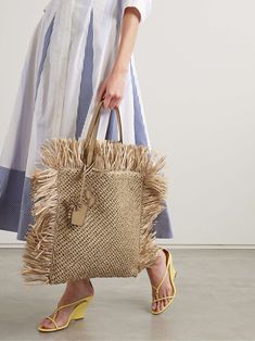 OSCAR DE LA RENTA Leather-trimmed fringed faux raffia tote Designer Straw Bag With Handles For Vacation, Designer Natural Color Summer Bag, Designer Natural Bags For Summer, Designer Woven Leather Beach Bag, Designer Double Handle Straw Beach Bag, Designer Straw Bag With Intrecciato Weave For Vacation, Luxury Summer Straw Bag With Intrecciato Weave, Designer Summer Bags With Leather Handles, Designer Summer Straw Bag With Top Handle