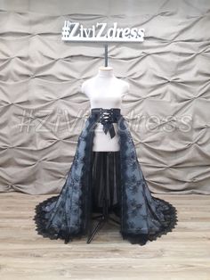 "DELIVERY TIME: 10-20 days Production time- 2 - 3 weeks. Please, in detail for your order, indicate the measurement of your WAIST! Lace Detachable Black Train for your black wedding! The train is made of some layers of tulle and one layer of lace Chantilly, which is attached to the hard satin belt. Size of the train what is on pictures of this listing: The back length of this train from а waistline is 1.7 meters (67'') The length in front of this train from а waistline is 1,2 meters (47\") . Ple Black Lace Corset For Wedding, Black Lace Wedding Corset, Fitted Black Dress With Detachable Train, Elegant Wedding Corset With Tulle Skirt, Fitted Black Dress With Sashes, Gothic Lace Corset Dress For Wedding, Gothic Lace Corset Wedding Dress, Gothic Lace Wedding Corset Dress, Elegant Black Corset For Wedding