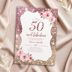 a pink and gold 50th birthday party with roses on the front, glitter in the back