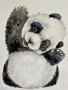 a watercolor painting of a panda bear holding its baby in it's arms