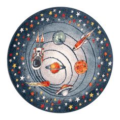 an artisticly painted plate with planets and rockets