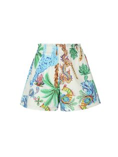 -Flared shorts -Zip closure and concealed hook -High waisted style -Exotic print -Made in Italy -Colour: tropicalComposition: 100% Polyester Summer Printed Shorts, Tropical Print Short Bottoms, Beachwear Bottoms With Tropical Print, Tropical Print Short Beachwear Bottoms, Floral Print Beachwear Shorts, Tropical Style Shorts With Tropical Print, Short Tropical Print Bottoms, Tropical Floral Print Short Bottoms, Spring Tropical Print Short Bottoms