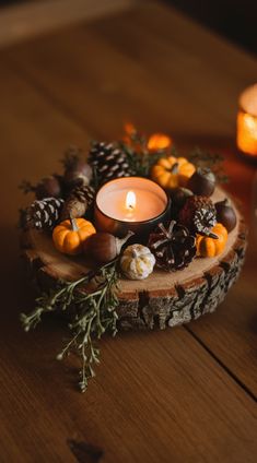 a candle that is sitting on top of a tree stump with pine cones and other decorations