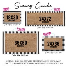 three door mats with numbers on them and the names for each mat in different sizes